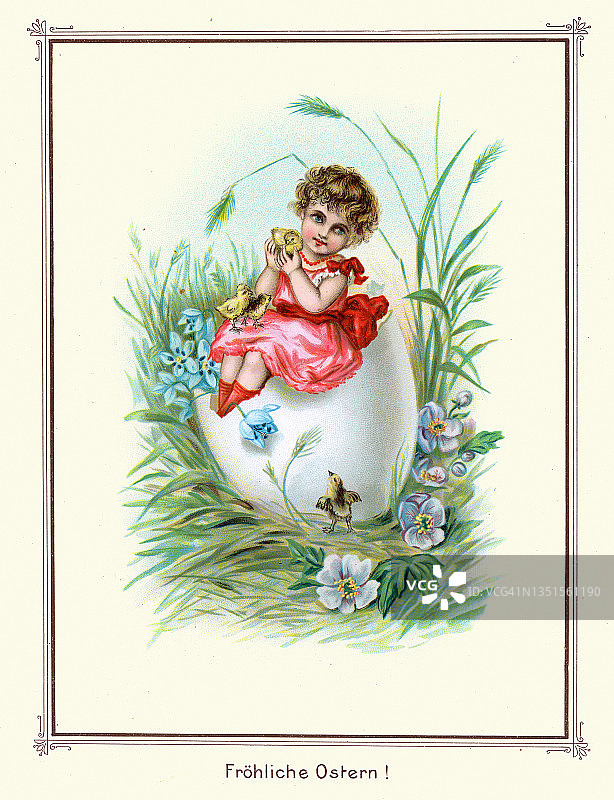 可爱的孩子在复活节蛋与小鸡，快乐的复活节，德国，维多利亚19世纪图片素材