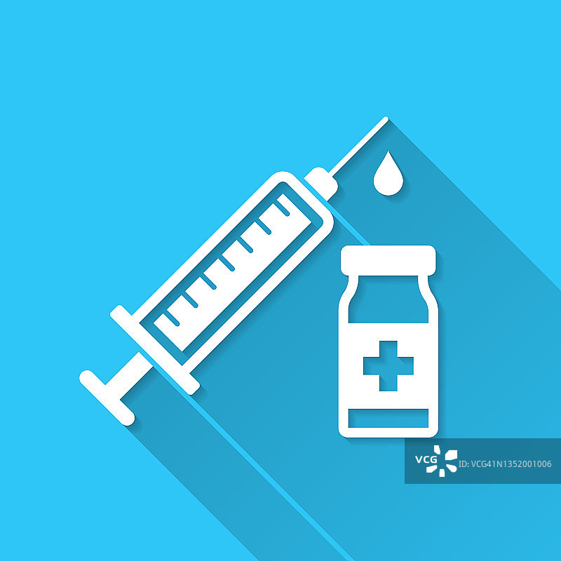 疫苗注射-注射器和疫苗瓶。蓝色背景上的图标-长阴影平面设计图片素材