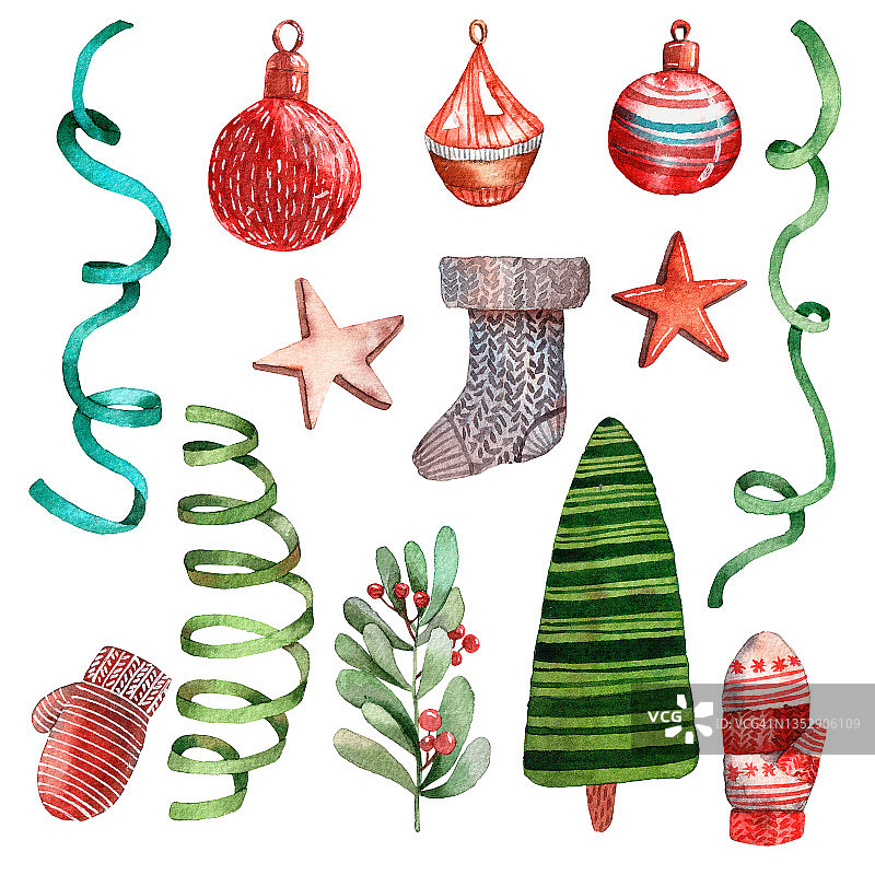水彩的圣诞节。可爱的圣诞树玩具，花环，袜子和圣诞树。手绘插图。可爱的卡通风格。圣诞贺卡和版画的有趣艺术。丰富多彩的节日插图。图片素材