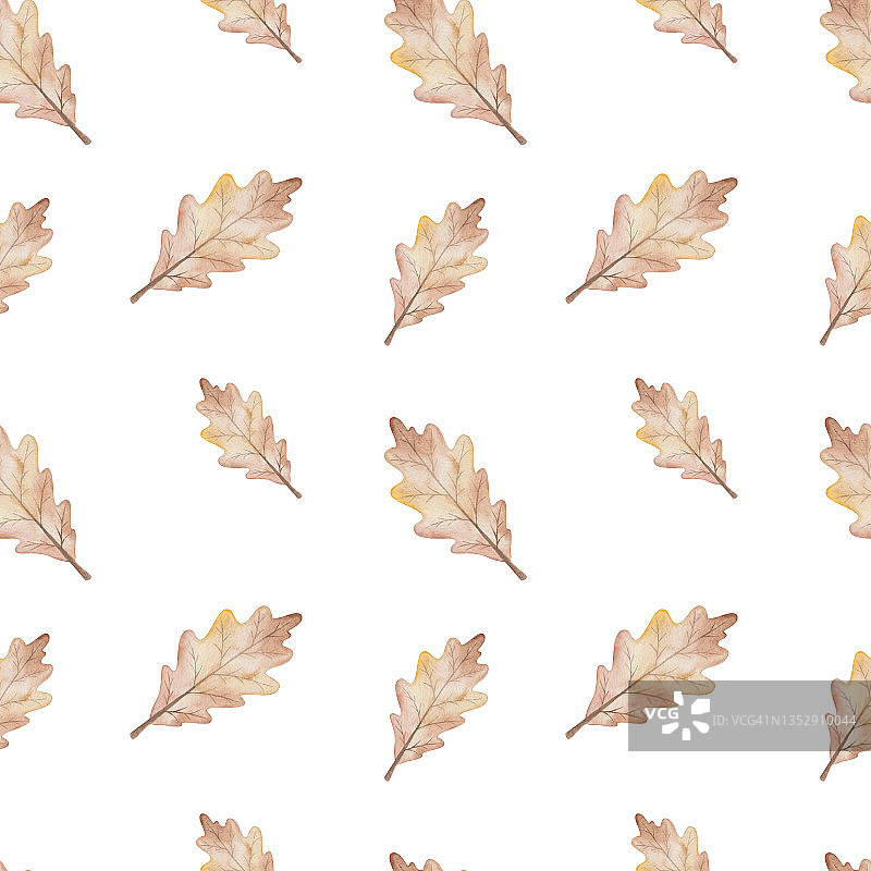 水彩无缝模式从手绘插图的橡树树叶在秋天棕色的颜色孤立在白色。森林自然打印图片素材