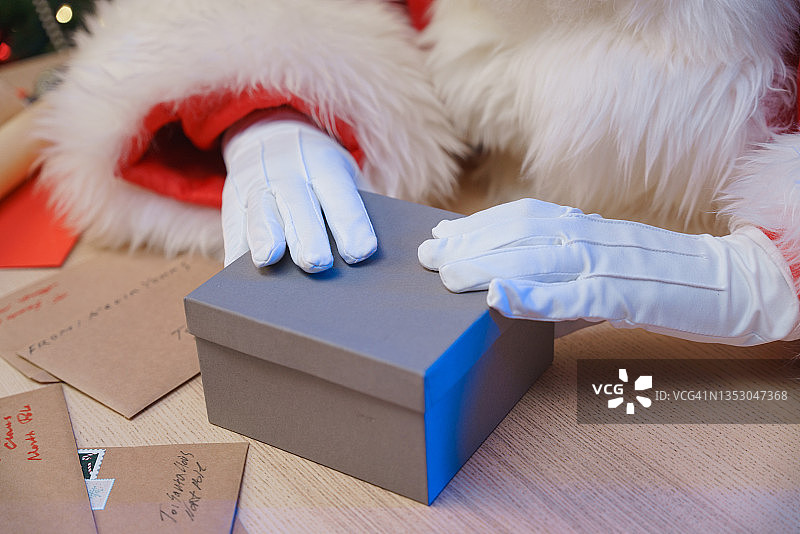 圣诞老人戴着白手套的手放在一个灰色盒子的盖子上。图片素材