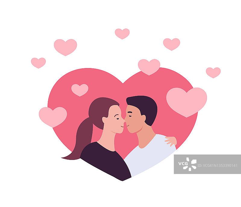 爱情、约会和关系的概念。矢量平的人插图。一对男女恋人在粉红色的心形背景上孤立在白色上。专为情人节、婚恋服务设计。图片素材