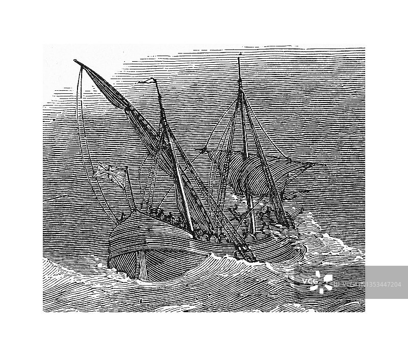 帆船的旧雕刻插图图片素材