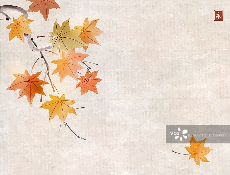 秋天的枫叶在复古的背景上。日本传统水墨画sumi-e。象形文字——永恒图片素材