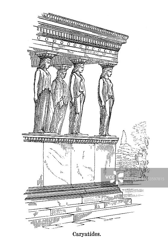 古代雕刻的女像柱，作为建筑支撑的女性雕像图片素材