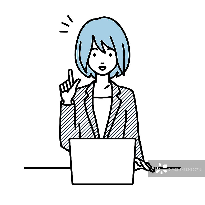 一个穿着商务套装的女人用手提电脑在她的桌子上用手指手势来获得想法图片素材