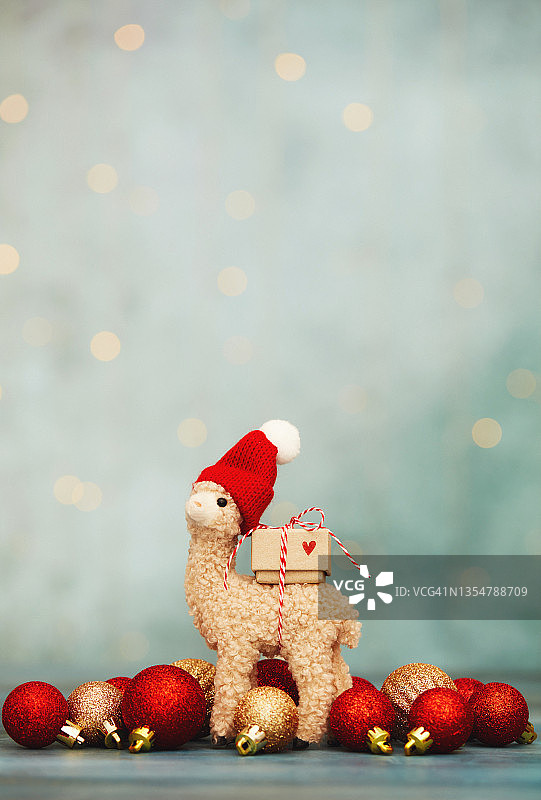 可爱的节日背景红色和金色的圣诞饰品与毛茸茸的羊驼戴着圆帽和携带圣诞礼物图片素材