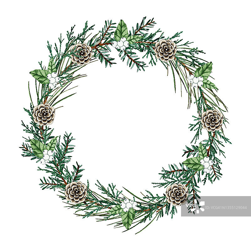 水彩圆形圣诞框架与冷杉枝，松果，浆果，棉花孤立在白色的背景。植物绿色节日插图为婚礼请柬设计图片素材