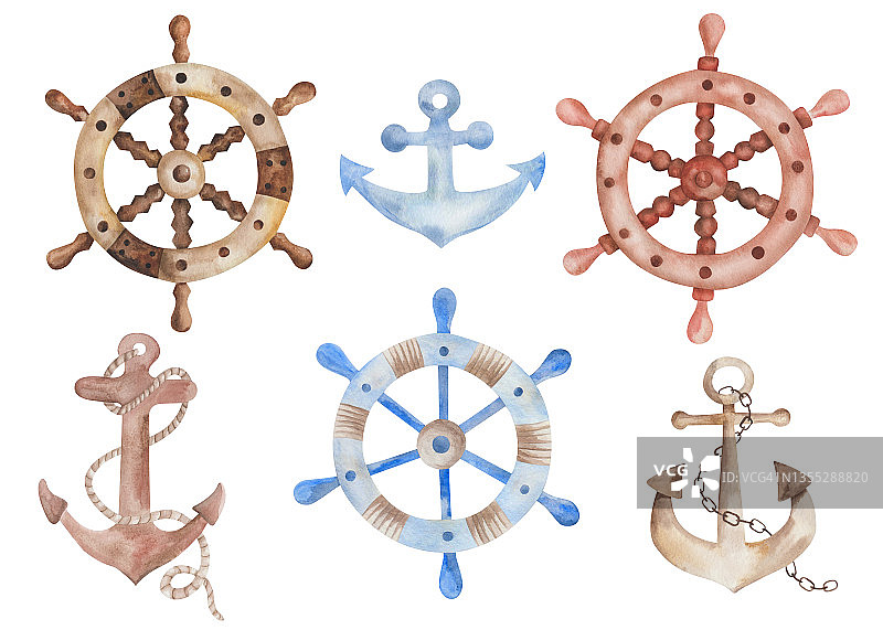 手绘的水彩插图的舵轮，锚为老海盗船，船舶，船为大海和海洋。海洋剪贴艺术元素面料纺织，服装印花，夏季设计卡图片素材