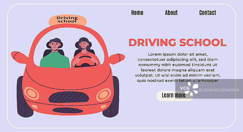 驾驶学校横幅概念。年轻女子和教练开着红色小车。一辆车周围有不同的交通标志。平面矢量现代孤立插图在流行的颜色图片素材