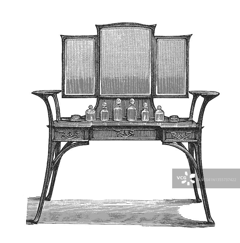 新艺术时期的老雕刻家具插图-梳妆台和椅子查尔斯·卜吕梅图片素材