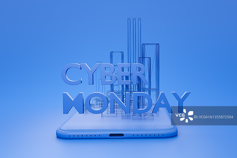网络星期一。蓝色背景图标-手机和城市与长阴影图片素材