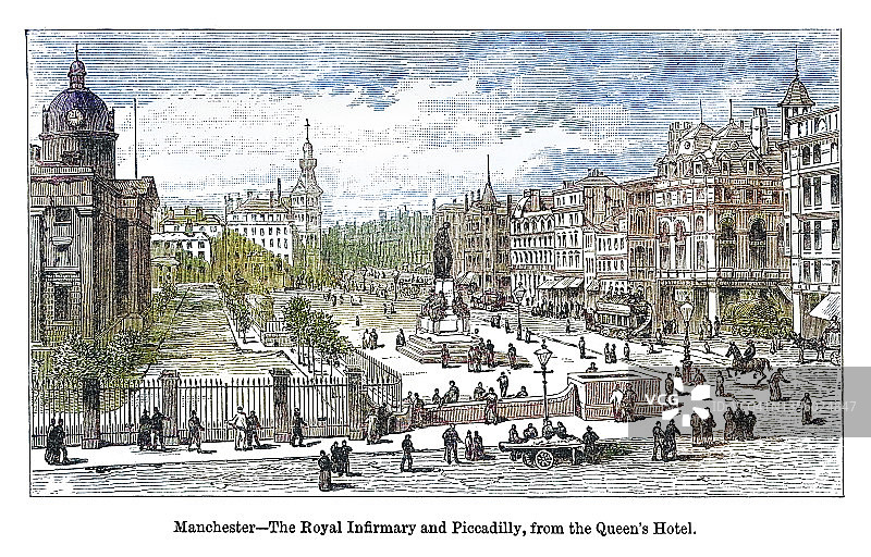 古老的雕刻插图，曼彻斯特，皇家医院和皮卡迪利广场，从女王酒店(绿色空间在曼彻斯特市中心，英格兰)图片素材