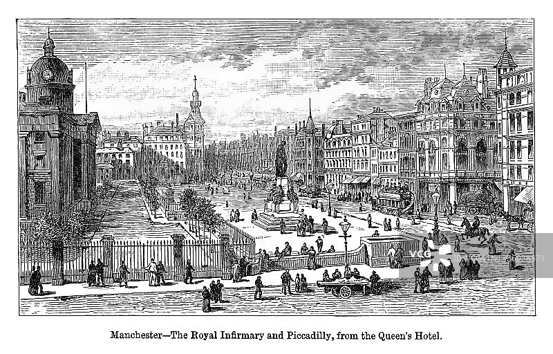 古老的雕刻插图，曼彻斯特，皇家医院和皮卡迪利广场，从女王酒店(绿色空间在曼彻斯特市中心，英格兰)图片素材