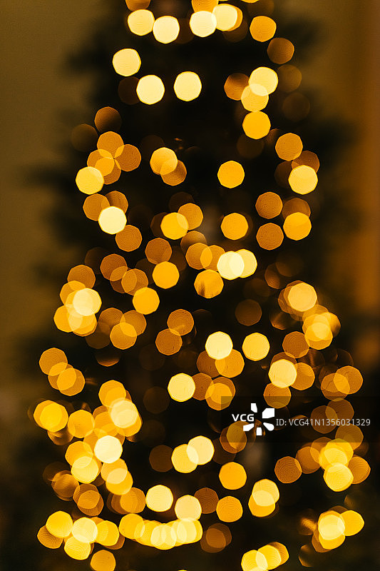 模糊的圣诞背景和装饰着发光花环的圣诞树。庆祝新年的概念图片素材