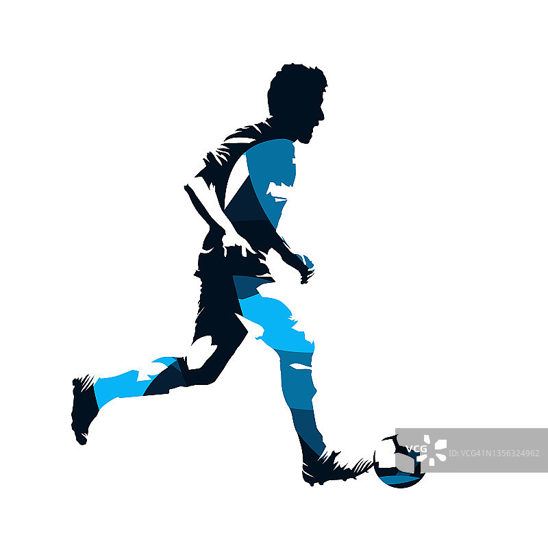 足球运动员跑步与球，抽象的蓝色孤立矢量剪影图片素材