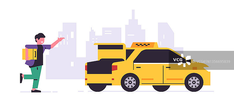 网上叫车服务。黄色出租车的司机，乘客，运输的人。带着行李箱的跑步男人，城市，出租车。矢量插图孤立的背景。图片素材