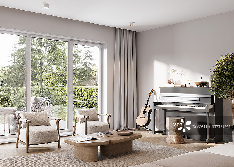 现代客厅宽敞的室内空间，配有3d乐器图片素材