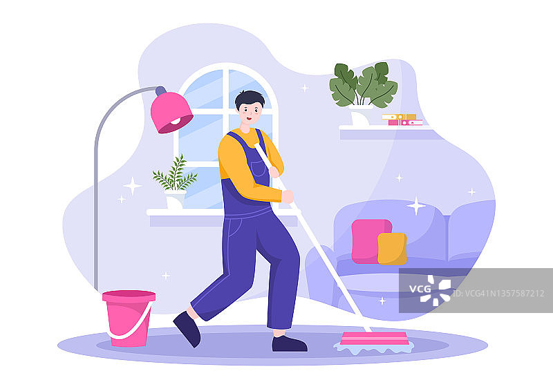清洁服务平台设计插图。人们在房子里吸尘，擦灰尘和清扫地板作为背景，横幅或海报图片素材