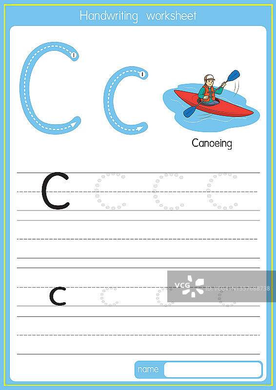 矢量说明划独木舟与字母C大写字母或大写字母为儿童学习练习ABC图片素材