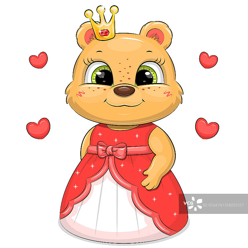 可爱的卡通小熊公主穿着红色的裙子和皇冠。图片素材