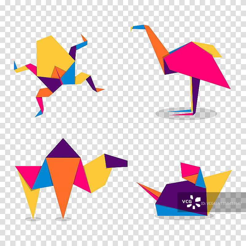 集动物折纸。抽象色彩丰富，充满活力的动物标志设计。动物折纸图片素材