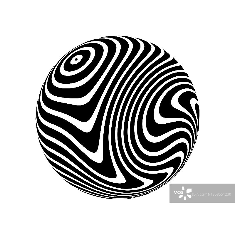 三维球体上的光学错觉。条纹的球体。幻觉效果。黑白3d艺术。矢量插图。图片素材