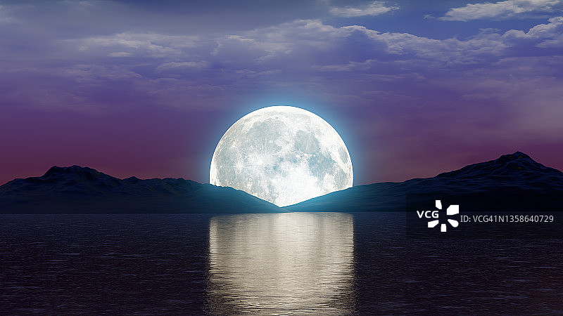 满月在湖与山夜景月光风景景观紫色天空3D插图图片素材