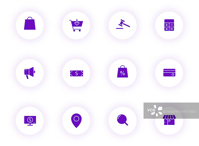 电子商务中紫色矢量图标上的颜色为圆形，按钮上有紫色的阴影。电子商务图标集网页，移动应用程序，UI设计和打印图片素材