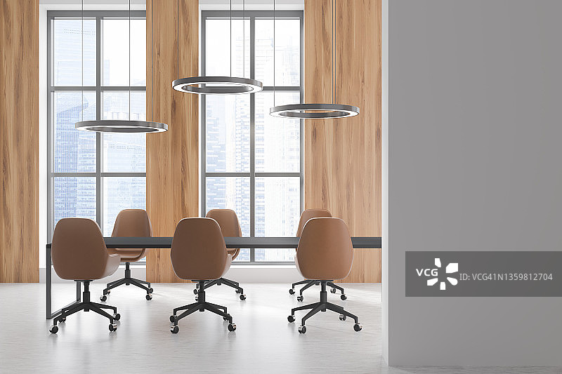 会议室内部配备扶手椅和带灯的桌子，模型图片素材
