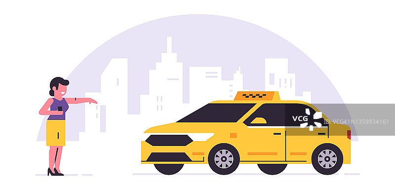 网上出租车订购服务。一辆黄色出租车的司机，一名乘客，一辆交通工具。女孩在等车，城市，出租车。矢量插图孤立的背景。图片素材