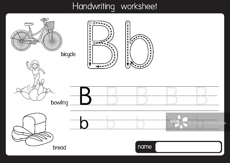 黑白矢量插图，用字母B大写字母或大写字母为儿童学习练习ABC图片素材