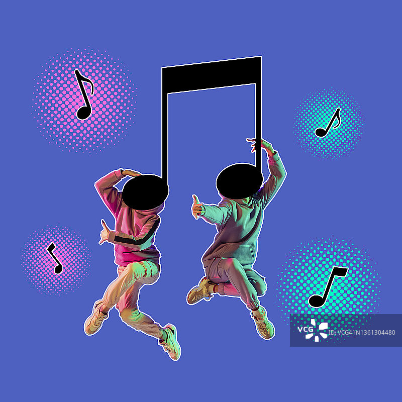 创意设计的两个人在运动，跳舞孤立在紫色的背景图片素材