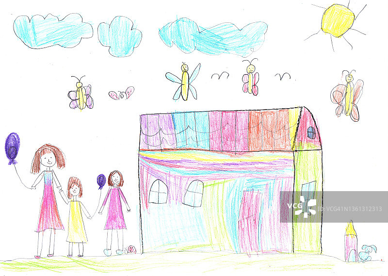 一个孩子在户外散步，画着一个幸福的家庭。孩子气风格的铅笔艺术图片素材