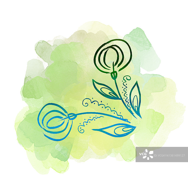 花植物蒲公英花水彩彩色绿色斑点。孤立的插画元素。线艺术手绘野花在白色背景图片素材