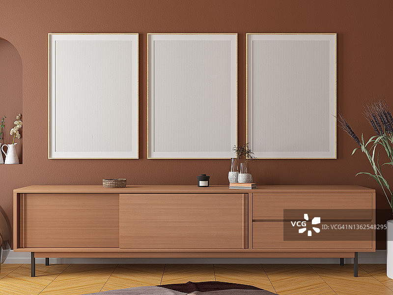 餐具柜和三个空白相框为模拟图片素材