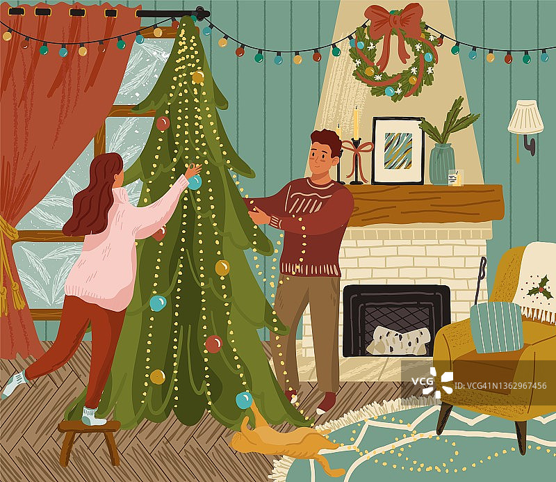 夫妇用装饰品和花环装饰圣诞树。阖家欢乐，准备迎接2022年新春佳节。彩色矢量插图在手绘风格风格图片素材
