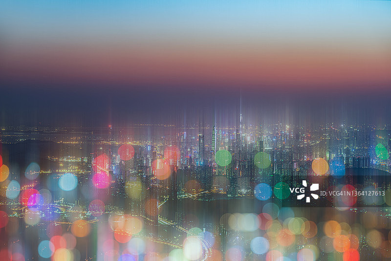 深圳霓虹灯与智慧城市，未来数字设计与元概念，数据网络连接技术概念图片素材