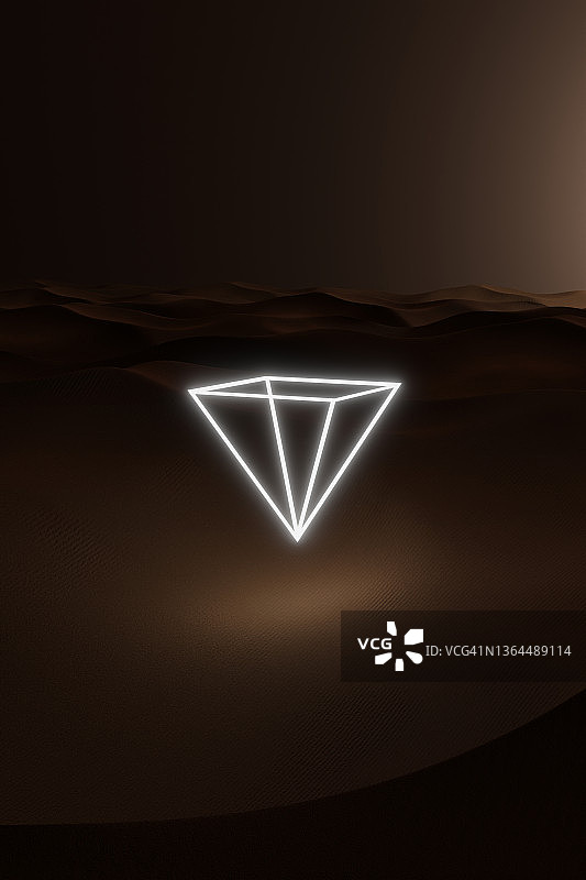 沙漠中一个发光的倒金字塔的垂直三维插图。图片素材