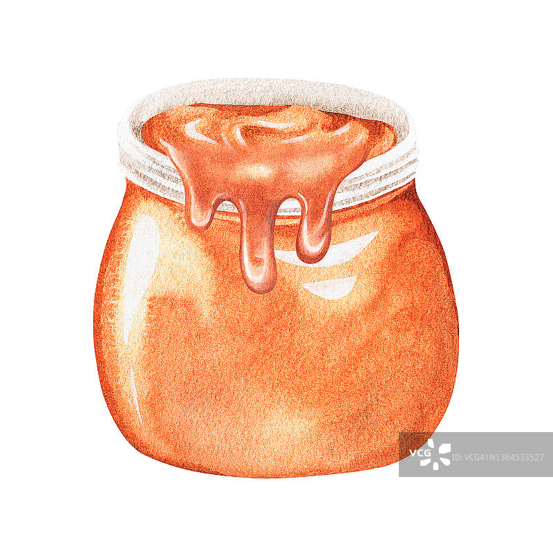 一罐焦糖。一罐蜂蜜。水彩插图。孤立在一个白色的背景。图片素材