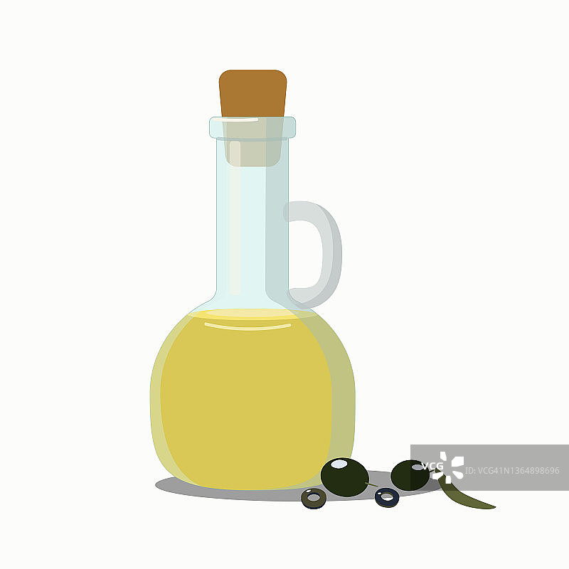 橄榄油瓶子和橄榄枝，叶子和橄榄。图片素材