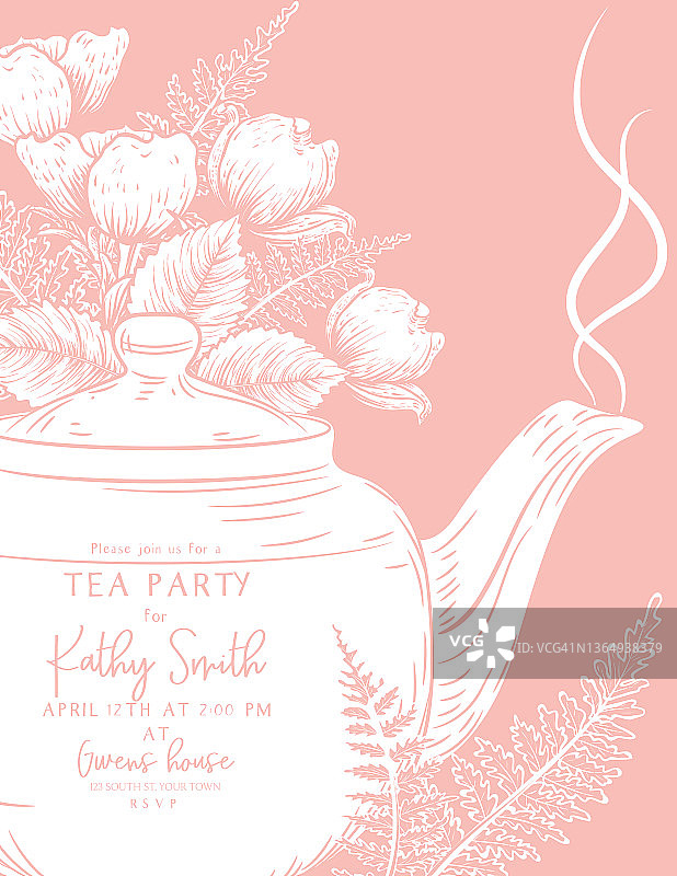 茶会邀请模板与茶壶和植物风格的花图片素材