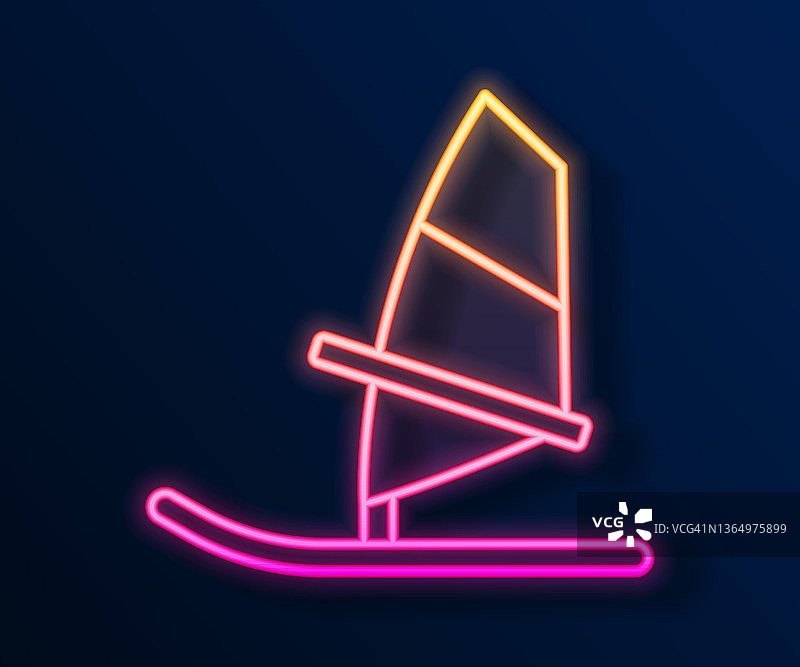 发光的霓虹灯线帆板图标孤立在黑色背景。向量图片素材