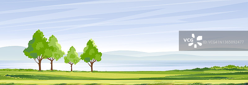 绿色田野、青山绿水、蓝天白云的湖滨乡村春景，矢量自然卡通风光图片素材