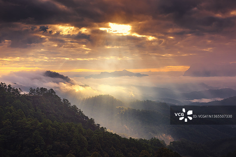泰国清迈，日出期间，Doi Luang Chiang Dao山的热带森林山脉风景。图片素材