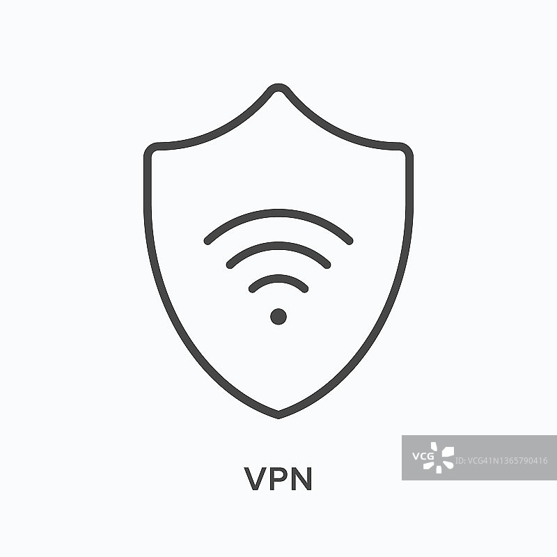 Vpn平面线图标。wifi和盾的矢量轮廓图。黑色细线象形图，表示网络安全图片素材