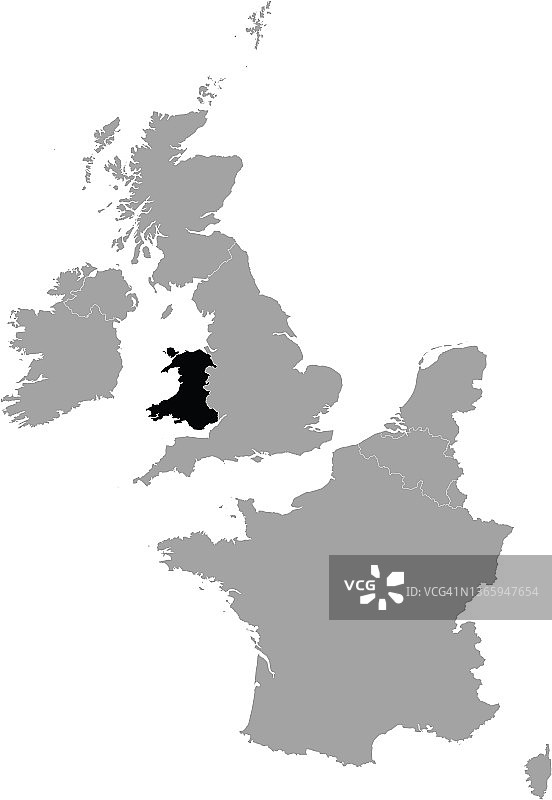威尔士的黑色地图在西欧的灰色地图中图片素材