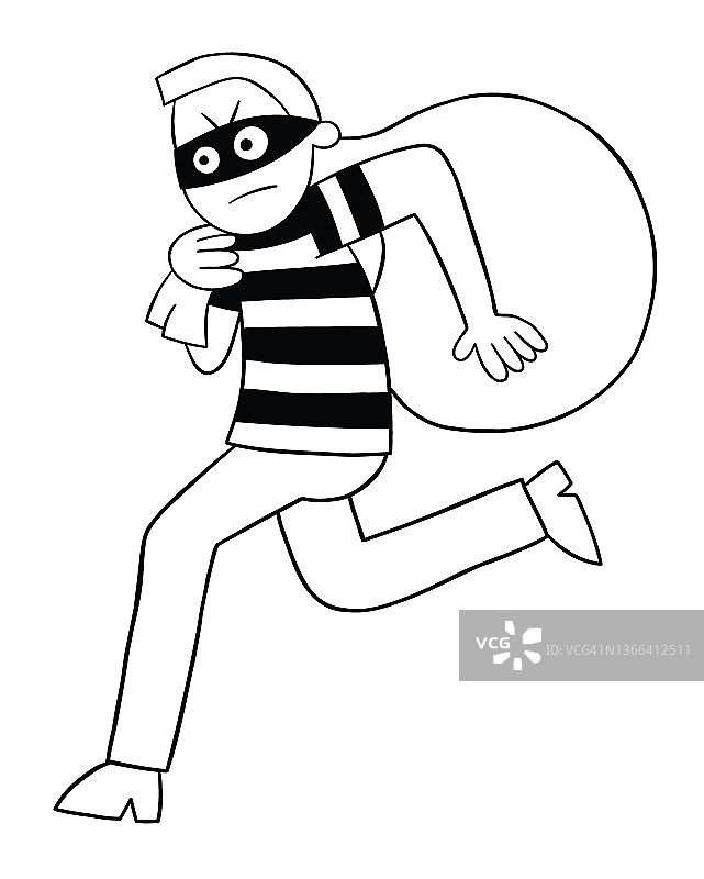 卡通小偷带着麻袋逃跑，矢量插图图片素材