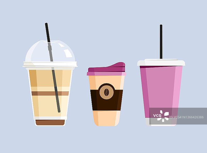 热咖啡，软饮料和冰沙外带杯具。平面风格的矢量插图。图片素材