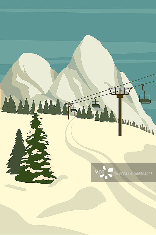 阿尔卑斯山脉冬季度假胜地与科学升降机。雪景峰、雪坡。旅行的复古海报图片素材